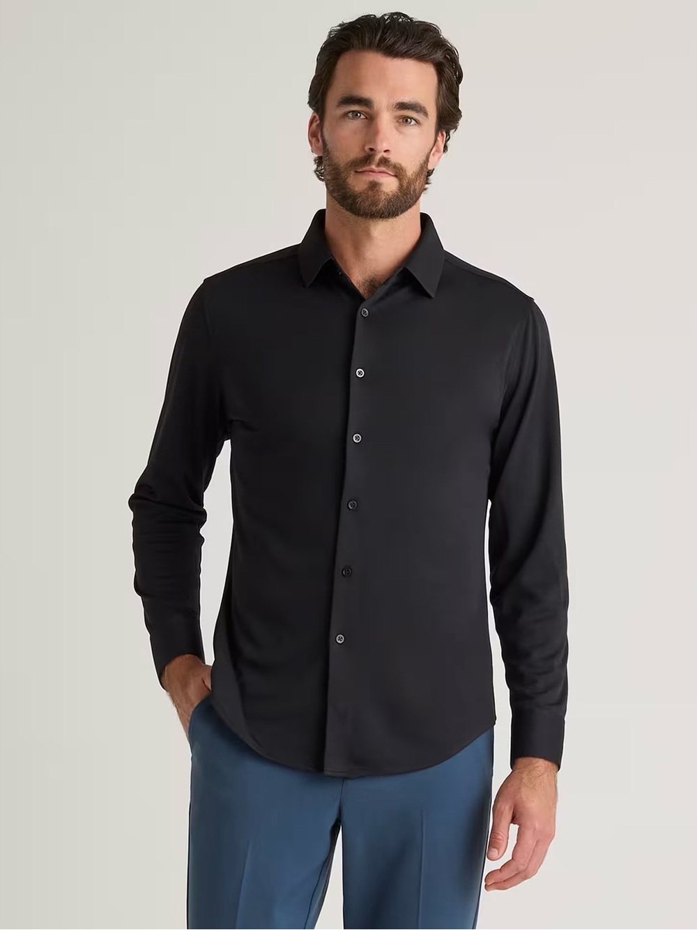 Quince Black Long-Sleeve Knit Dress Shirt